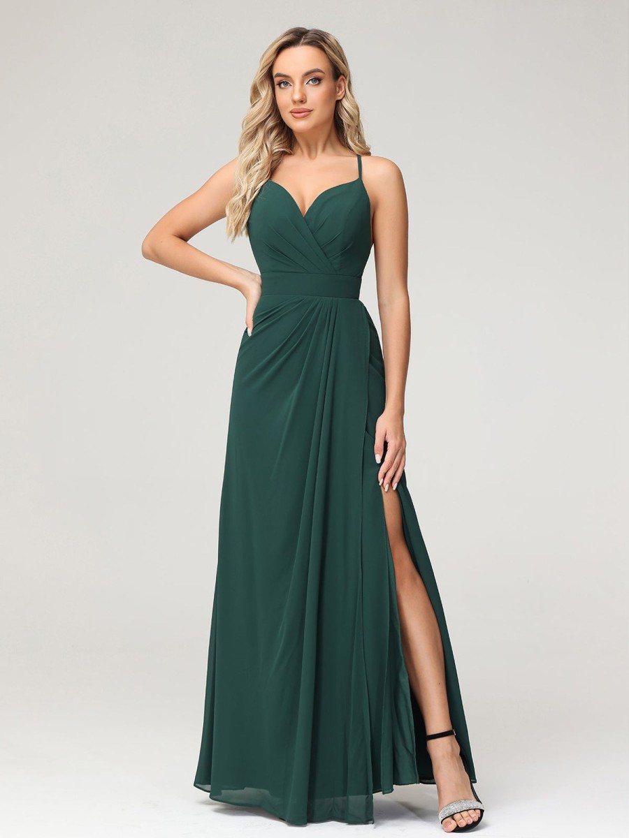 Demoiselles D'Honneur BABARONI | Robe Sexy Profond Col En V Avec Fente Vert Fonce