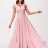 Demoiselles D'Honneur BABARONI | Col En V Mousseline Robe Longue Avec Noeud Rose Poudre