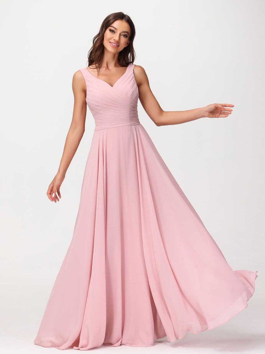 Demoiselles D'Honneur BABARONI | Col En V Mousseline Robe Longue Avec Noeud Rose Poudre