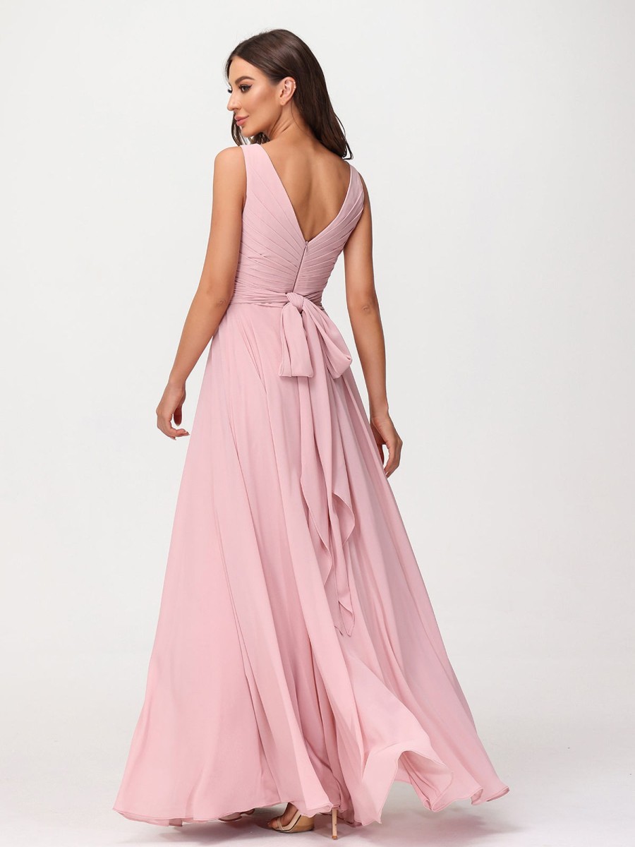 Demoiselles D'Honneur BABARONI | Col En V Mousseline Robe Longue Avec Noeud Rose Poudre