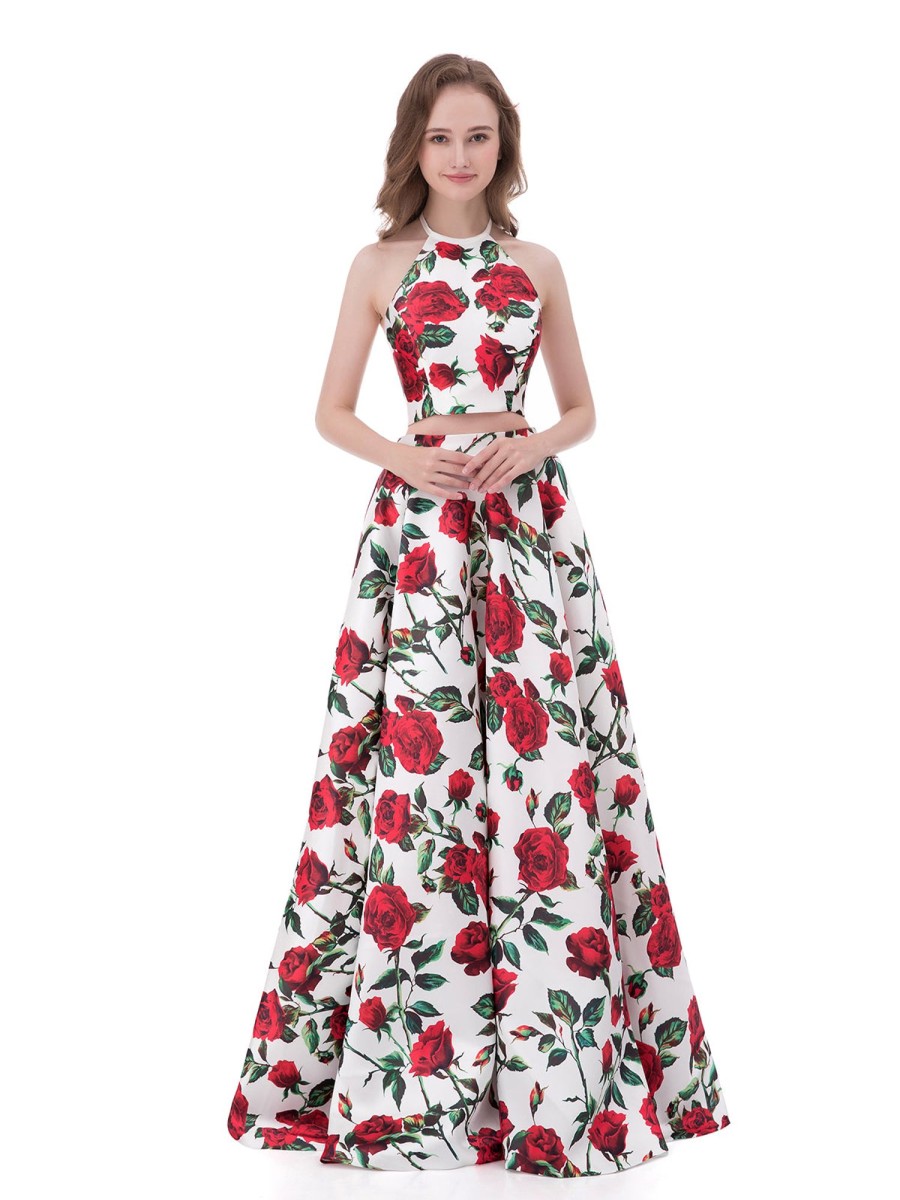 Robe De Bal BABARONI | Robe Deux Pieces Licou Rose Rouge Floral Floral