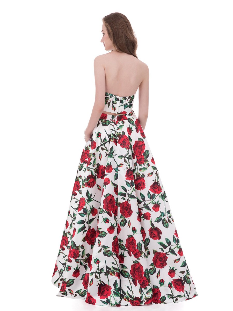 Robe De Bal BABARONI | Robe Deux Pieces Licou Rose Rouge Floral Floral