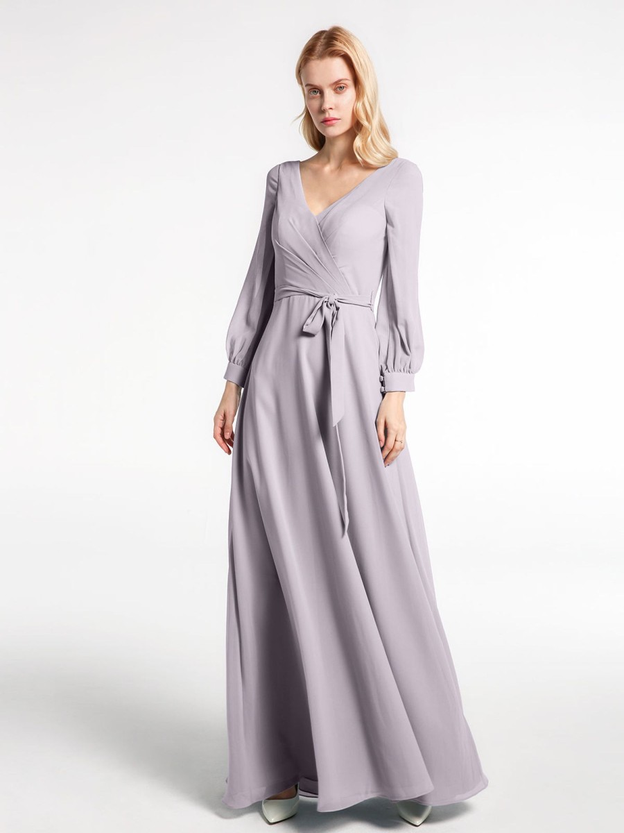 Mere BABARONI | Robe En Mousseline A Col En V Et Manches Evasees Avec Noeud Dusk