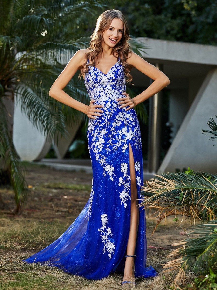 Robes De Soiree BABARONI | Robe Sirene En Tulle A Lacet Et Col En V Bleu Royale