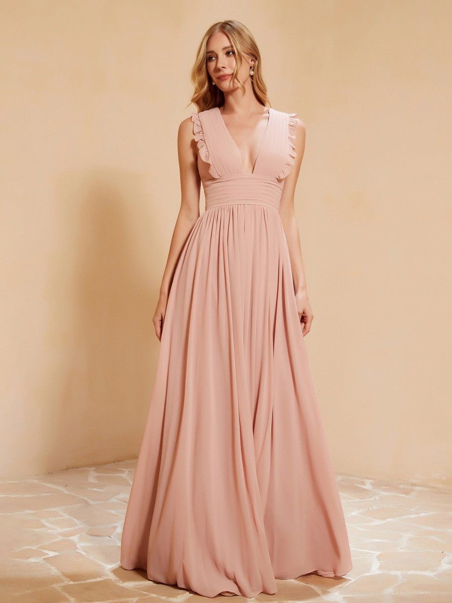 Demoiselles D'Honneur BABARONI FR | Maxi Robe Sans Manches Avec Decollete En V Plongeant Rose Poudre