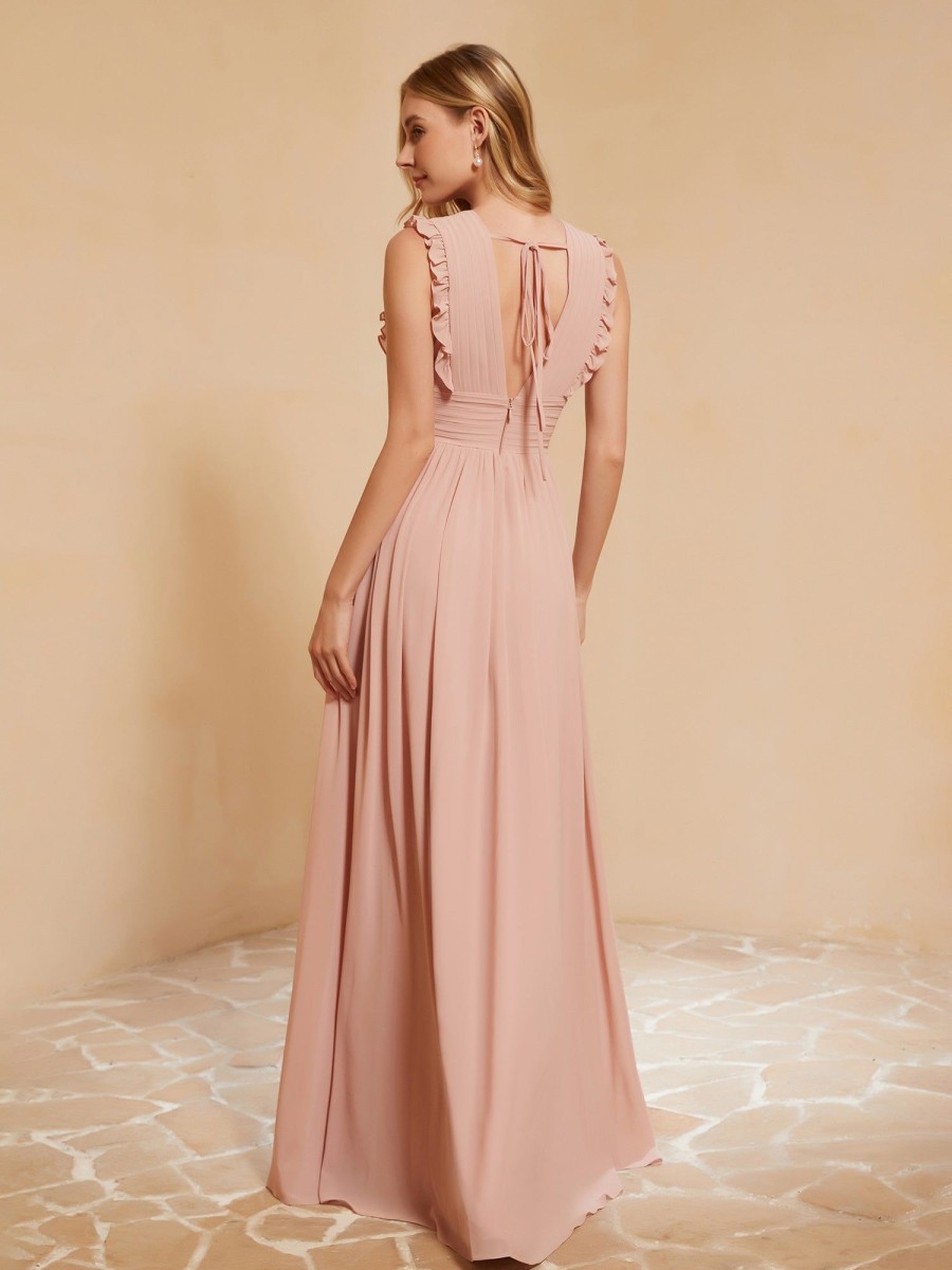 Demoiselles D'Honneur BABARONI FR | Maxi Robe Sans Manches Avec Decollete En V Plongeant Rose Poudre