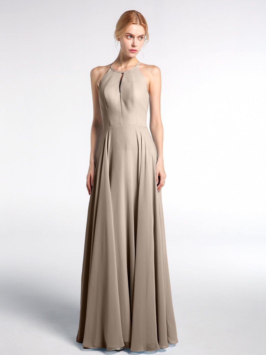 Demoiselles D'Honneur BABARONI | Robe Longue A Decollete En Trou De Serrure Licou Avec Jupe Circulaire Taupe