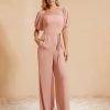 Demoiselles D'Honneur BABARONI FR | Jumpsuit Plisse En Mousseline Avec Ceinture Rose Poudre