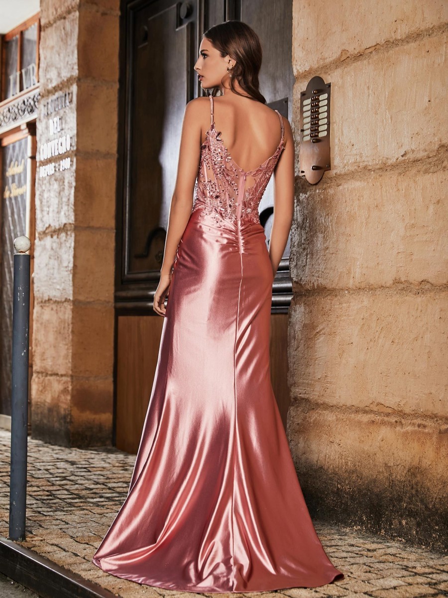 Robes De Soiree BABARONI | Robe De Soiree Fourreau A Col En V En Satin Avec Traine Balayage Rose Poudre