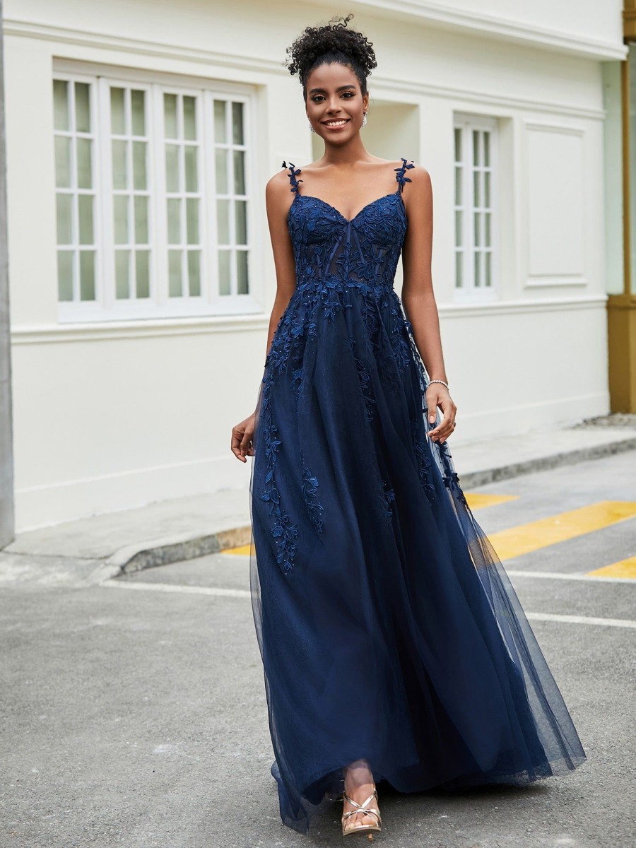 Robe De Bal BABARONI FR | Robe En Tulle Avec Traine Balayage Et Fente Bleu Marine