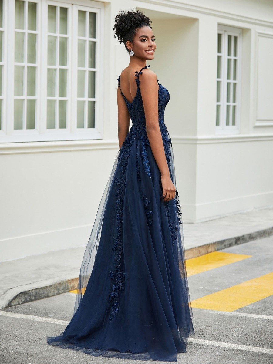 Robe De Bal BABARONI FR | Robe En Tulle Avec Traine Balayage Et Fente Bleu Marine