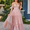 Robes De Soiree BABARONI | Robe Plissee En Tulle Longueur Au Sol A Manches Flottantes Dusty Rose Grande Taille