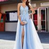 Robes De Soiree BABARONI | Robe De Soiree En Tulle A Bretelles Spaghetti Et Col En V Bleu Ciel