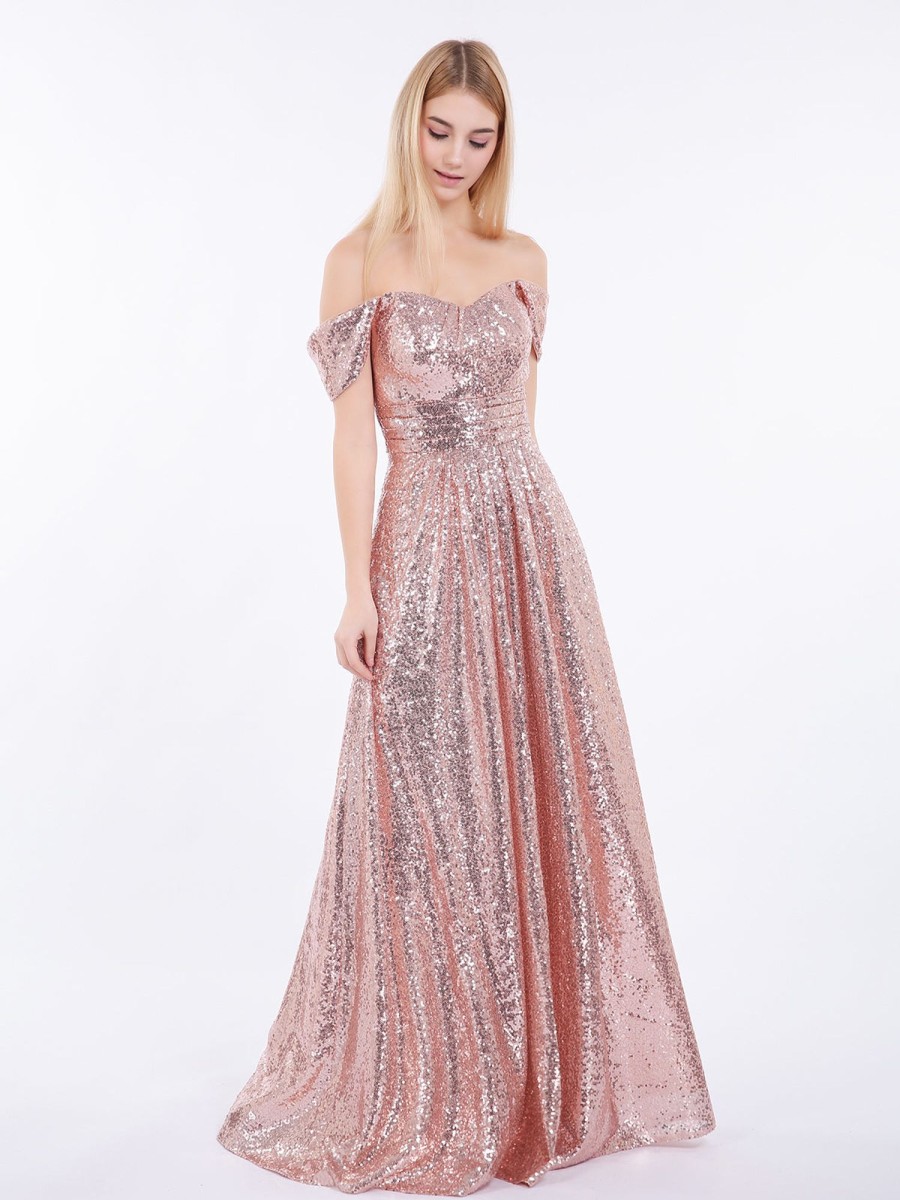 Robes De Soiree BABARONI | Robe Longue Paillettes Avec Hors De L'Epaule Or Rose