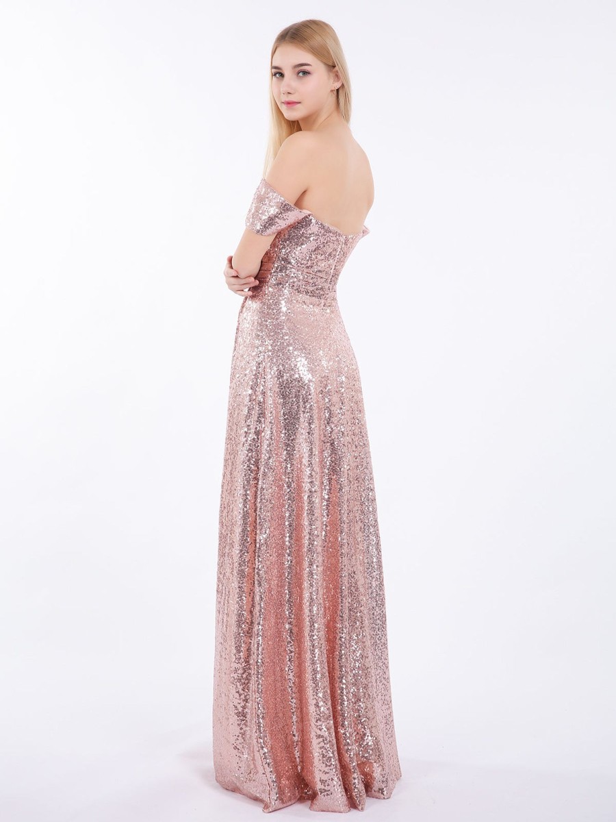 Robes De Soiree BABARONI | Robe Longue Paillettes Avec Hors De L'Epaule Or Rose