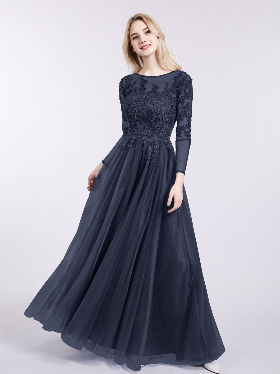 Mere BABARONI | Tulle Avec Applique Manches Longues Robe Bleu Marine