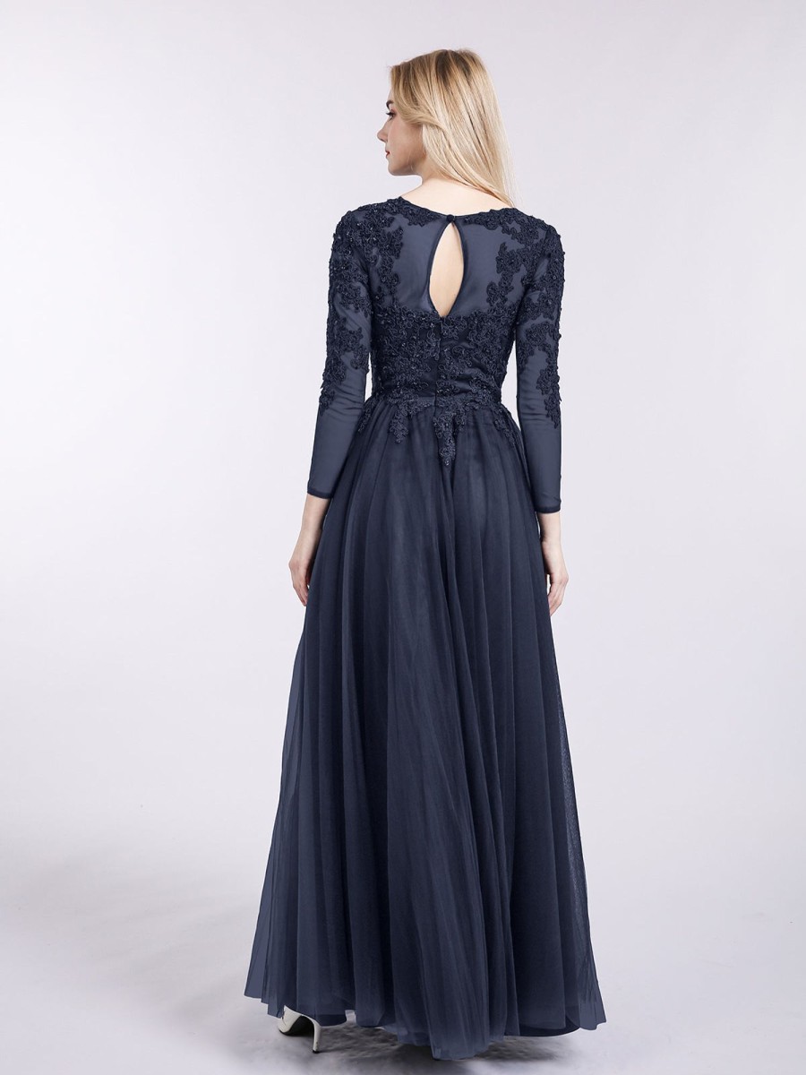 Mere BABARONI | Tulle Avec Applique Manches Longues Robe Bleu Marine