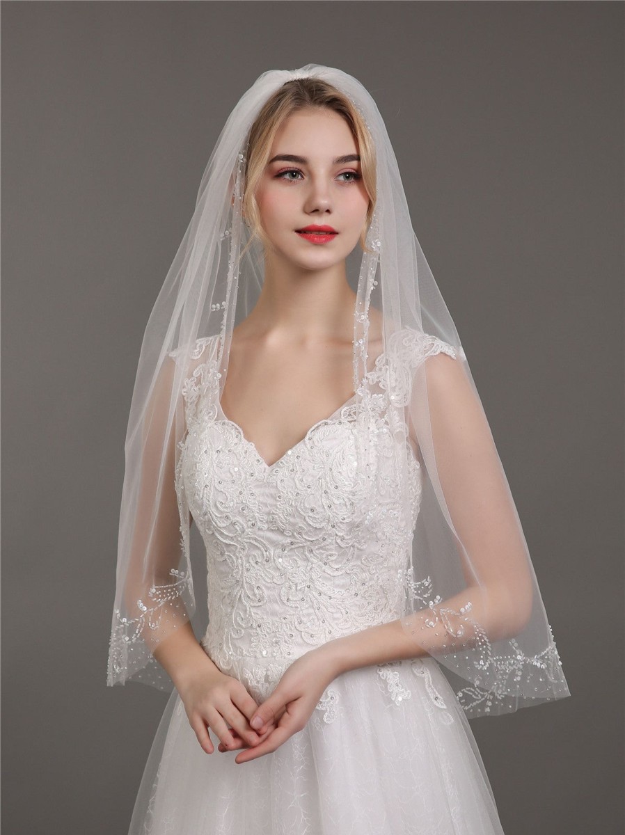 Accessories BABARONI | Voiles De Mariage En Tulle Avec Perle Ivoire Veil05