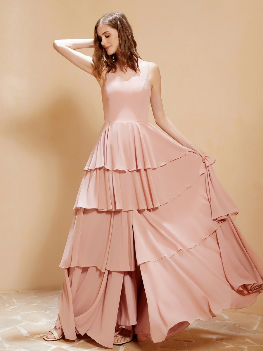 Demoiselles D'Honneur BABARONI FR | Robe Longue Boheme En Mousseline Avec Volants Rose Poudre