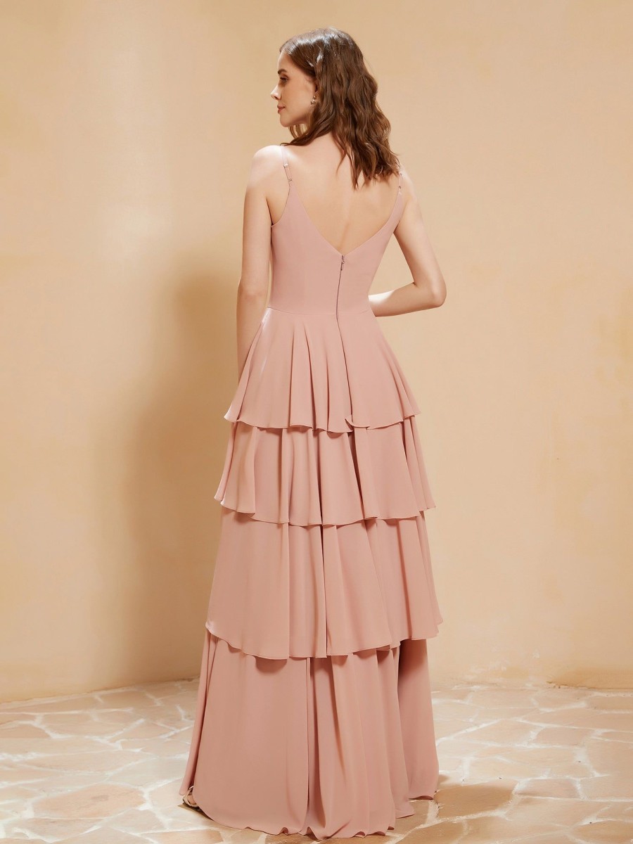 Demoiselles D'Honneur BABARONI FR | Robe Longue Boheme En Mousseline Avec Volants Rose Poudre