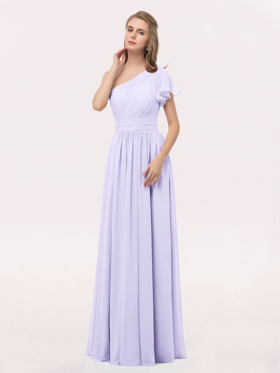 Demoiselles D'Honneur BABARONI | Robe Avec Une Epaule Manches Flottantes Mousseline Lilas