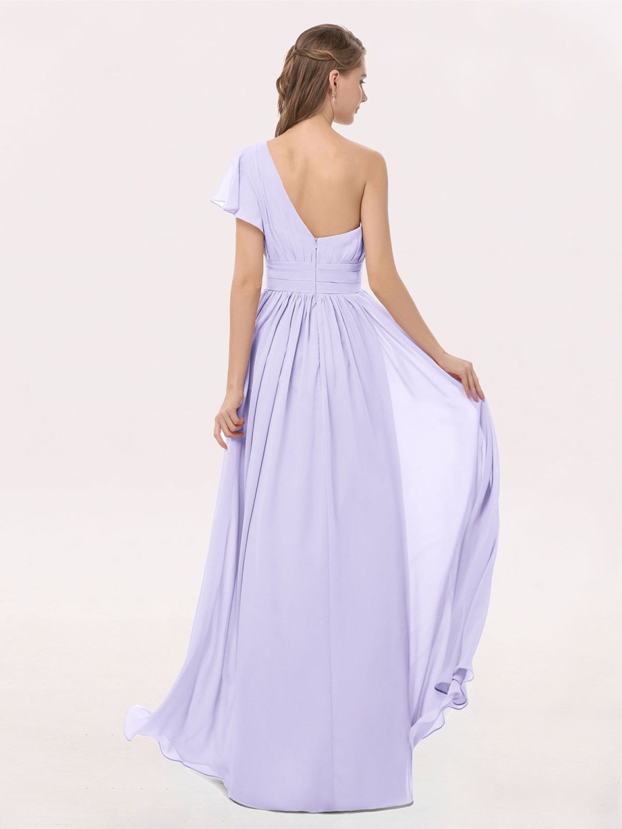 Demoiselles D'Honneur BABARONI | Robe Avec Une Epaule Manches Flottantes Mousseline Lilas