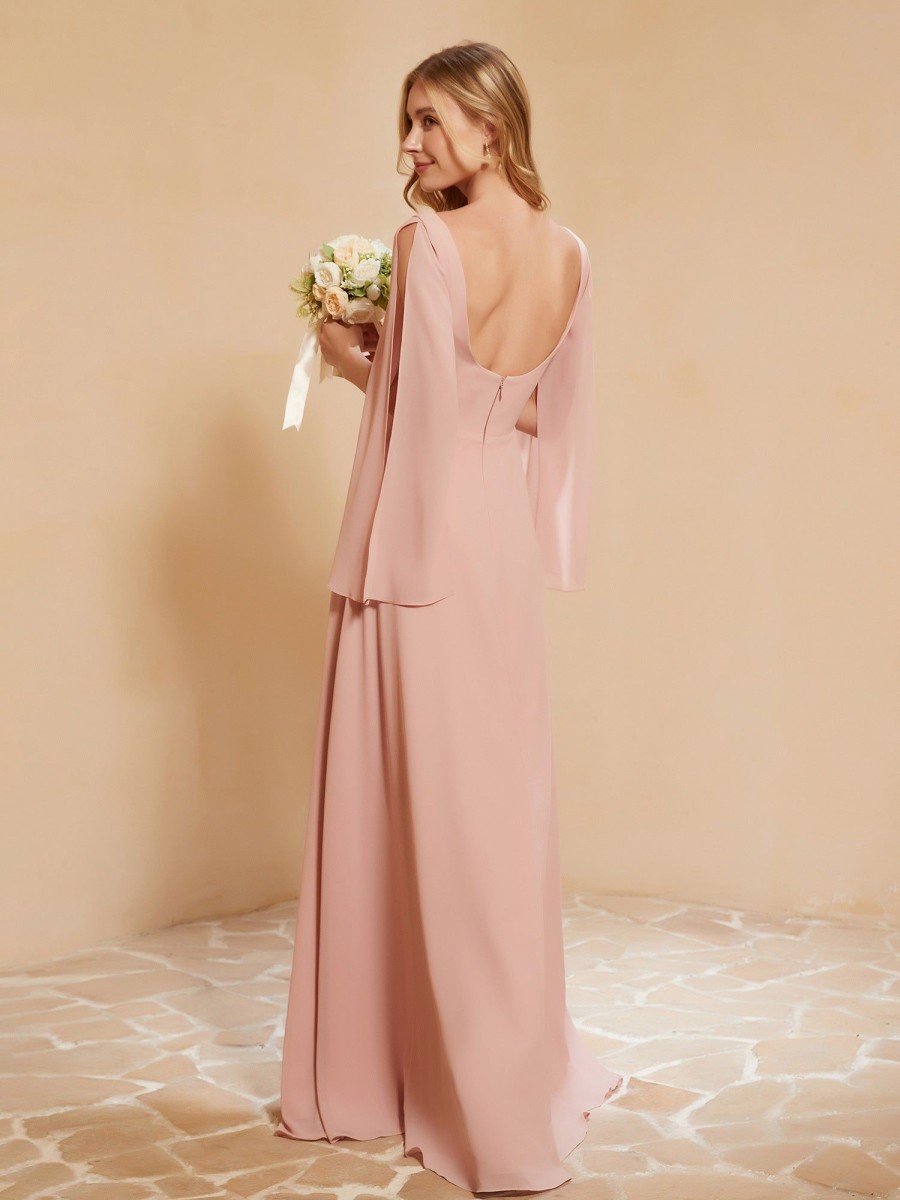 Demoiselles D'Honneur BABARONI FR | Robe De A-Ligne Plissee En Mousseline Avec Manches Flottantes Rose Poudre