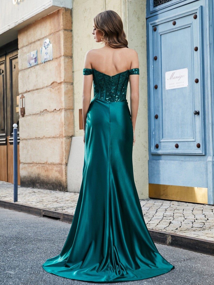 Robe De Bal BABARONI | Robe De Soiree En Satin Extensible A Hors De L'Epaule Avec Traine Balayage Vert Fonce