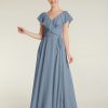 Demoiselles D'Honneur BABARONI | Col En V Mousseline Robes Avec Mancherons Bleu Poudre