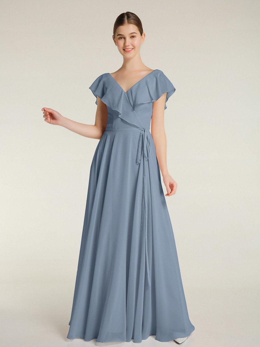 Demoiselles D'Honneur BABARONI | Col En V Mousseline Robes Avec Mancherons Bleu Poudre