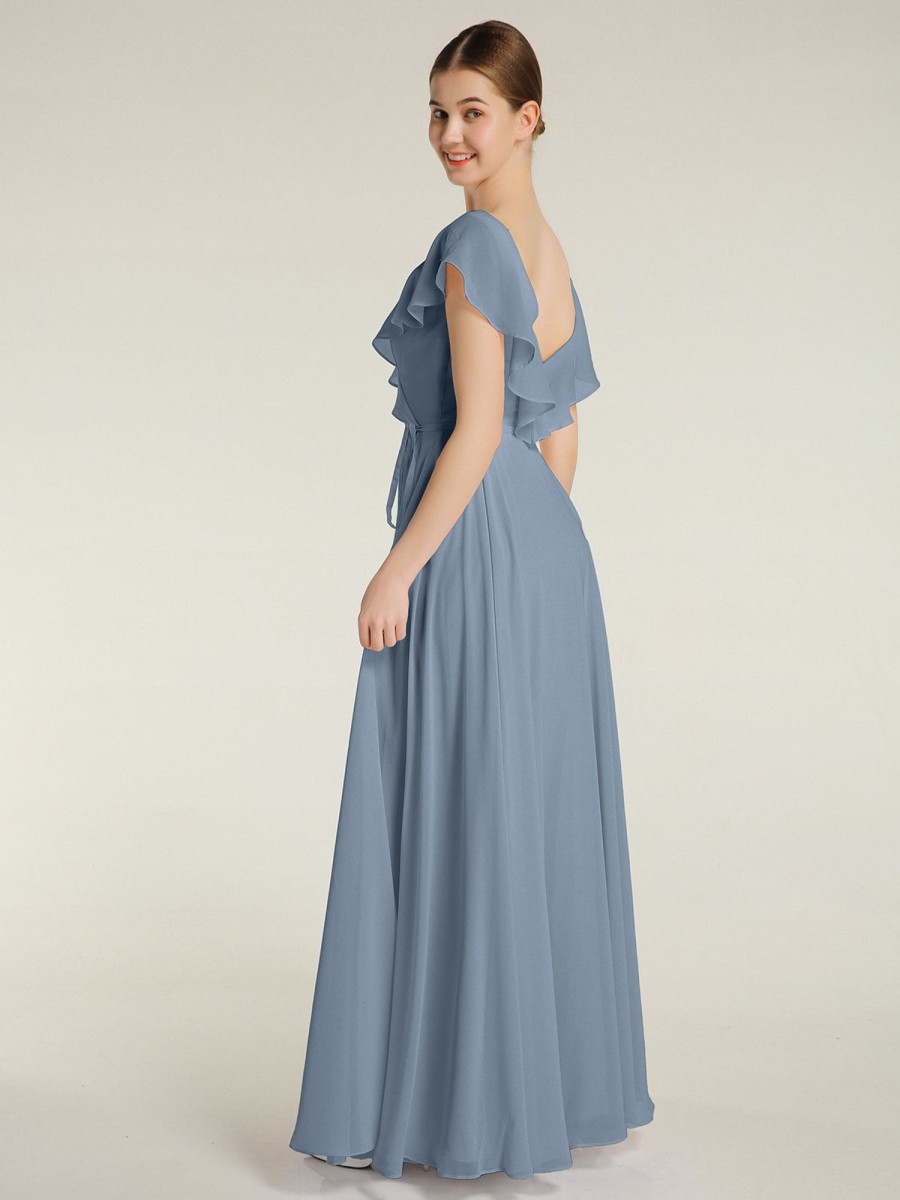 Demoiselles D'Honneur BABARONI | Col En V Mousseline Robes Avec Mancherons Bleu Poudre