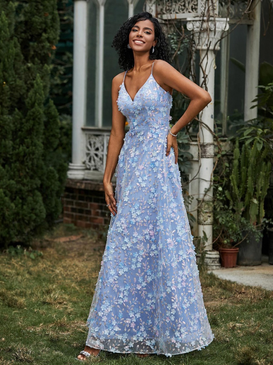 Robe De Bal BABARONI FR | Robe Florale En A-Ligne Appliquee En Dentelle A Col En V Bleu