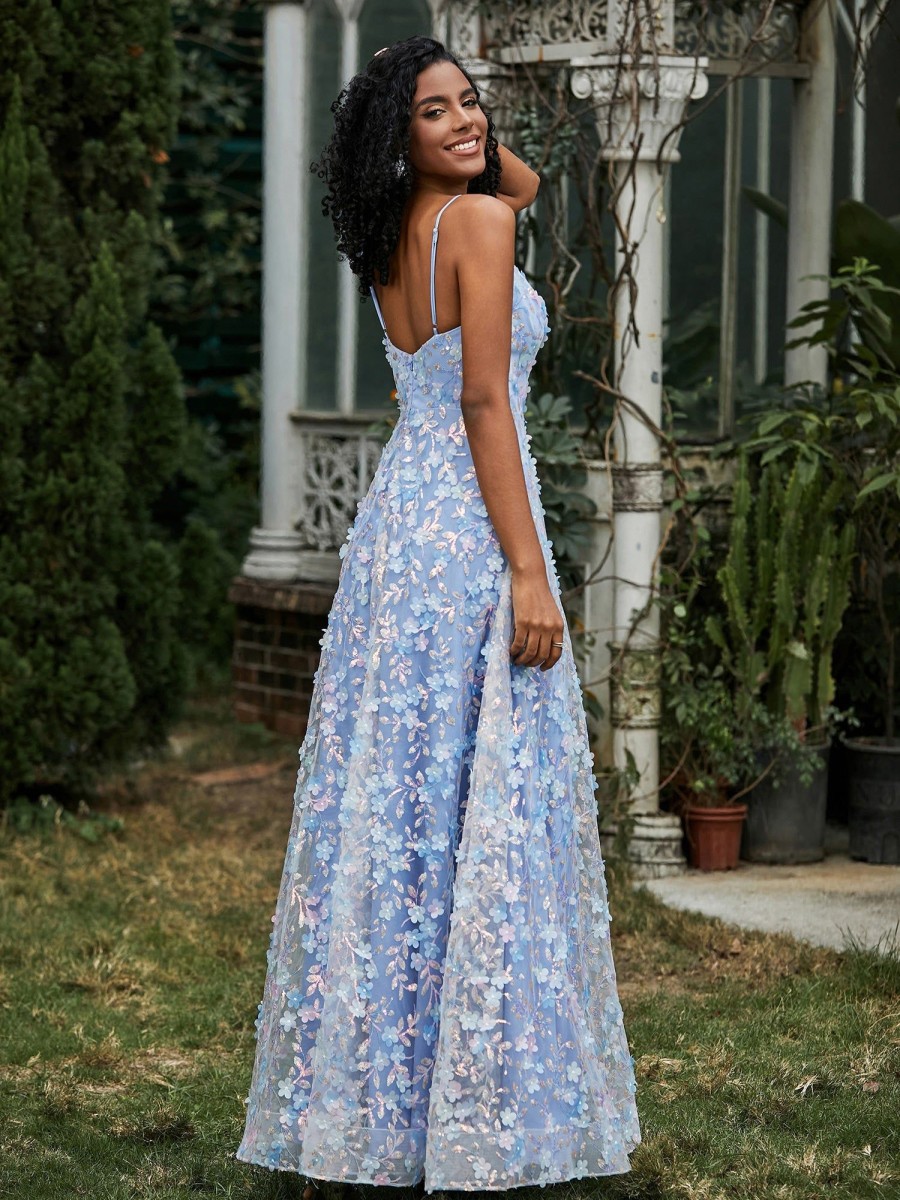 Robe De Bal BABARONI FR | Robe Florale En A-Ligne Appliquee En Dentelle A Col En V Bleu