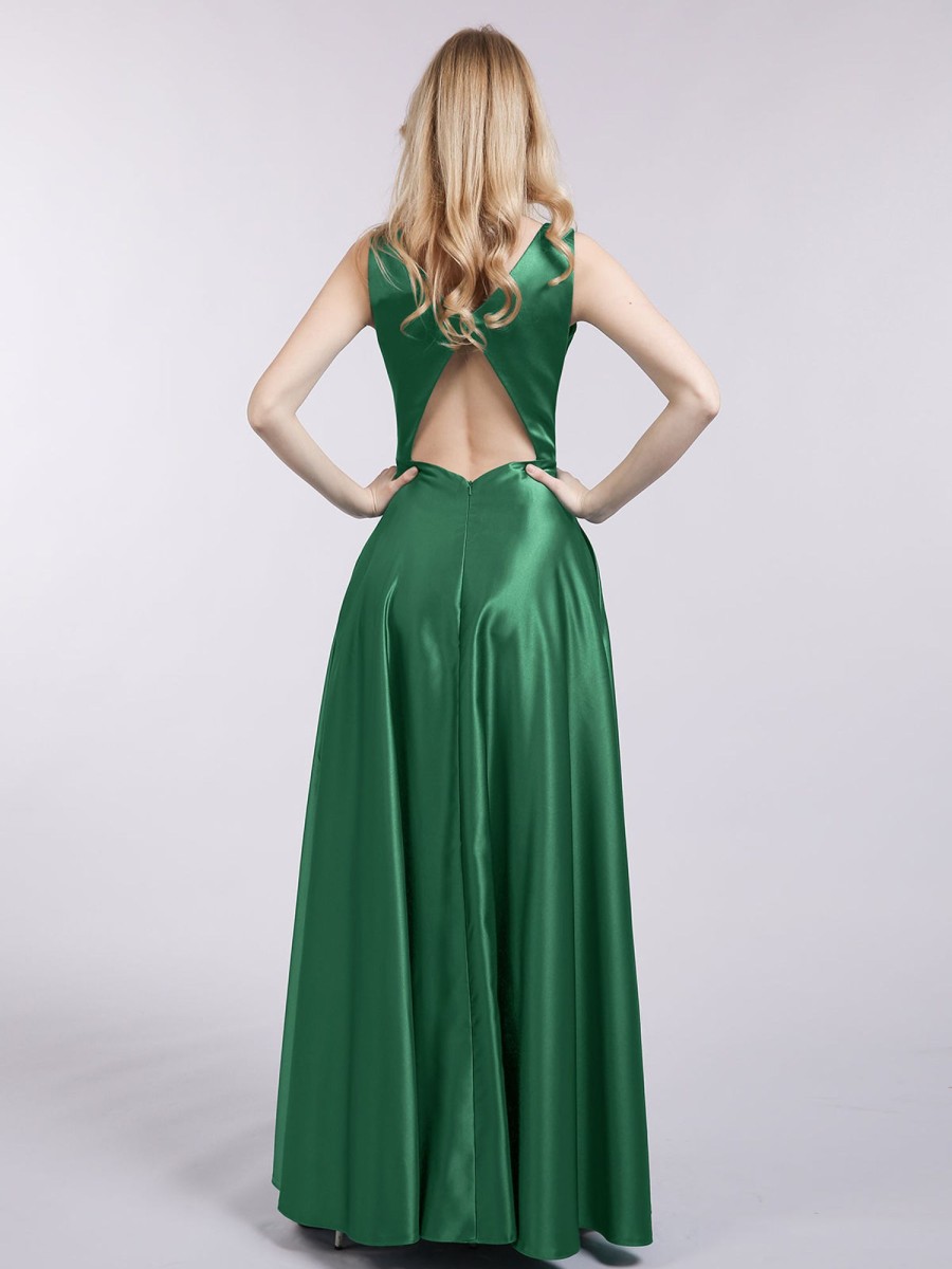 Robes De Soiree BABARONI | Dos Nu Longue Satin Robe Avec Col En V Vert Fonce