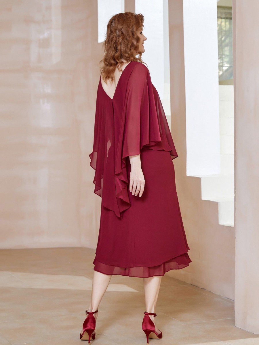 Mere BABARONI FR | Robe Fourreau En Mousseline A Col En V Longueur De Mollet Bordeaux