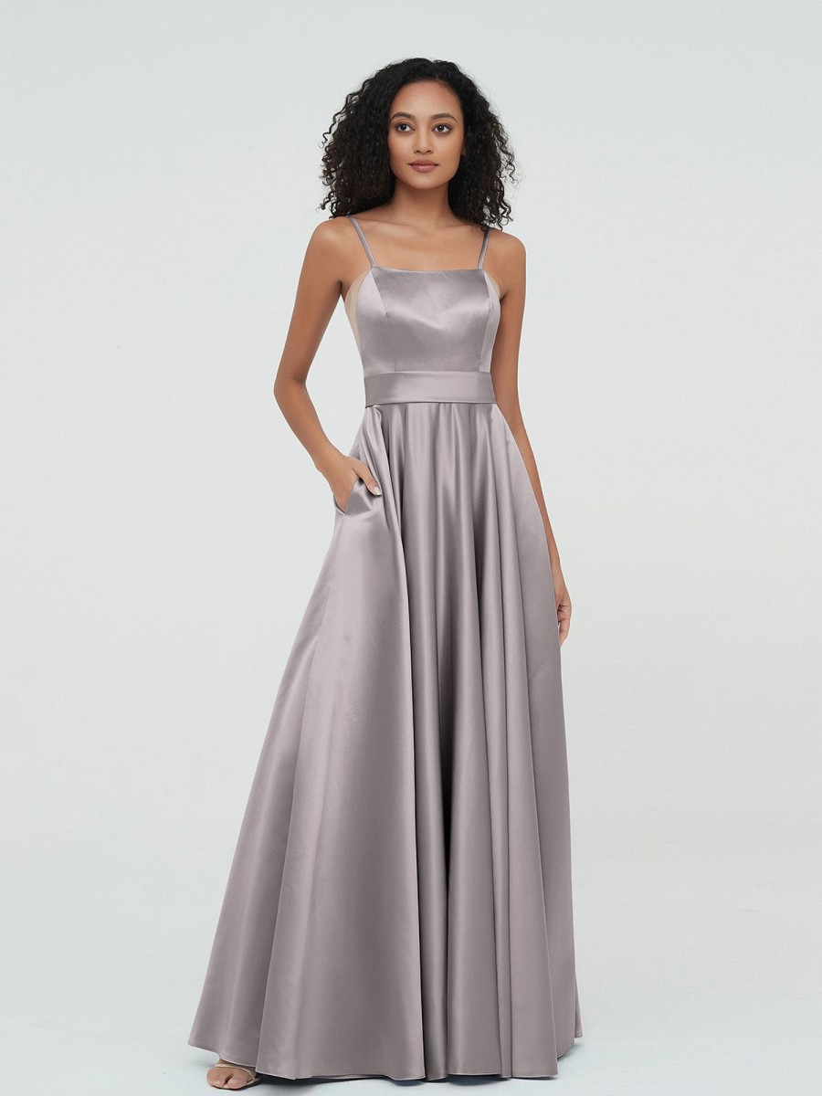 Mere BABARONI | A-Ligne Bretelles Spaghetti Robes Maxi En Satin Argent