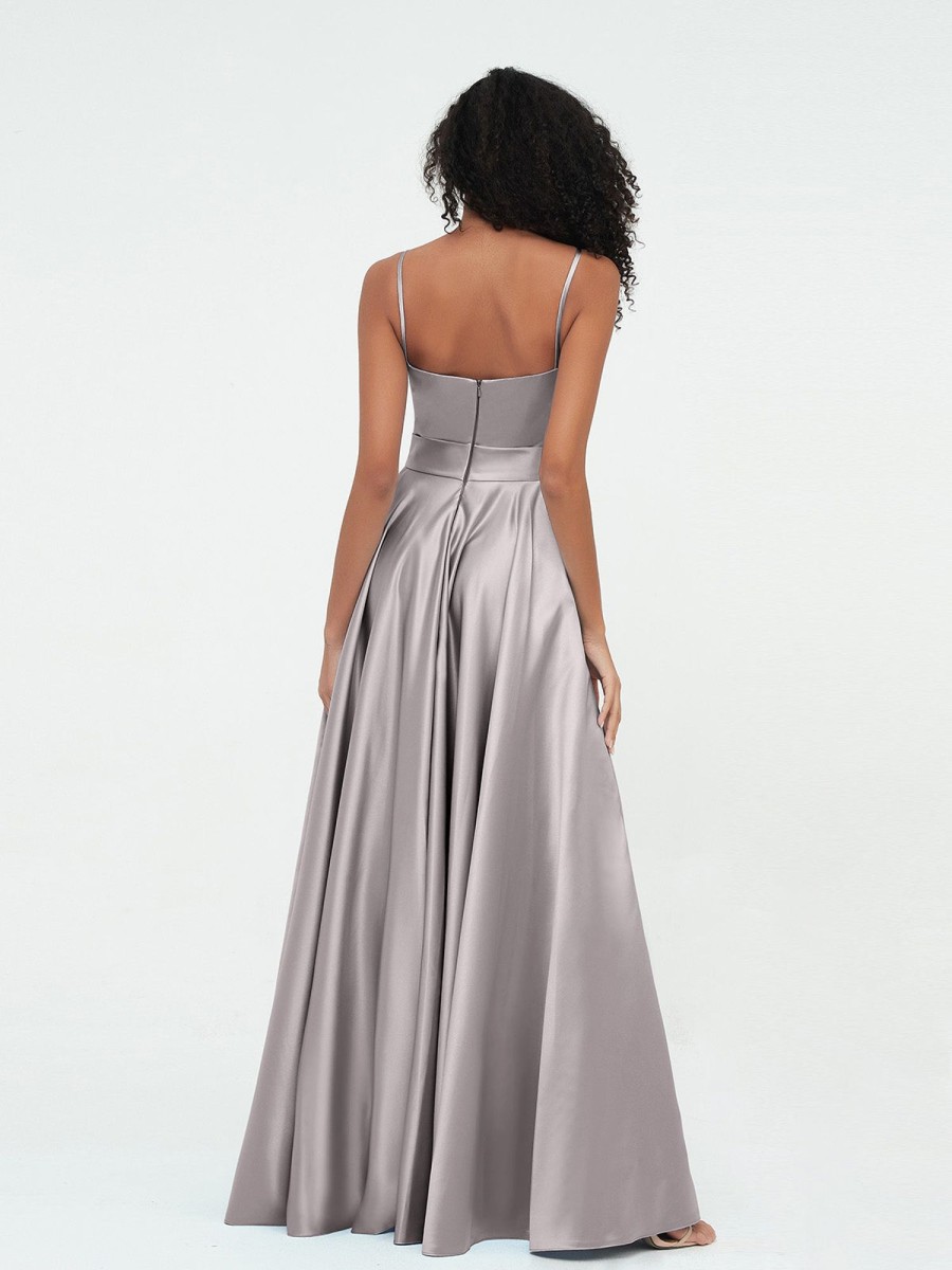 Mere BABARONI | A-Ligne Bretelles Spaghetti Robes Maxi En Satin Argent