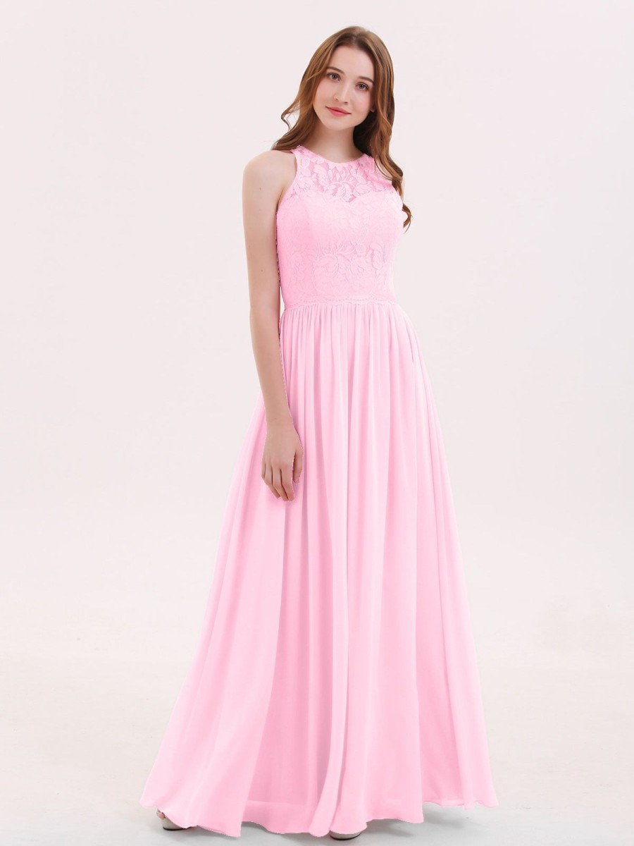 Demoiselles D'Honneur BABARONI | Robe Longue Dentelle Avec Illusion Col En Coeur Rose Bonbon