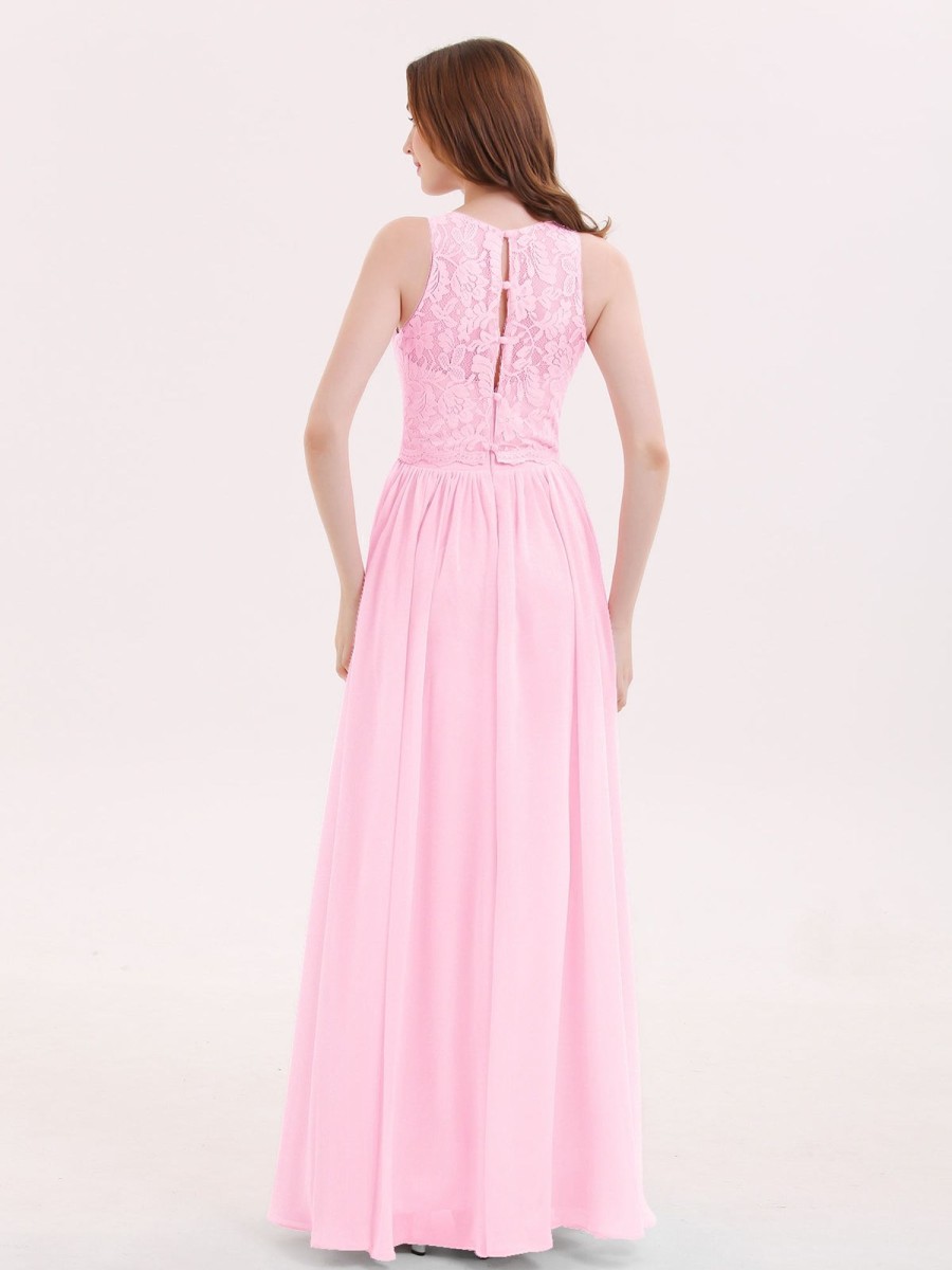 Demoiselles D'Honneur BABARONI | Robe Longue Dentelle Avec Illusion Col En Coeur Rose Bonbon