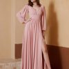 Demoiselles D'Honneur BABARONI FR | Robe De A-Ligne Plissee En Mousseline Avec Manches Longues Rose Poudre