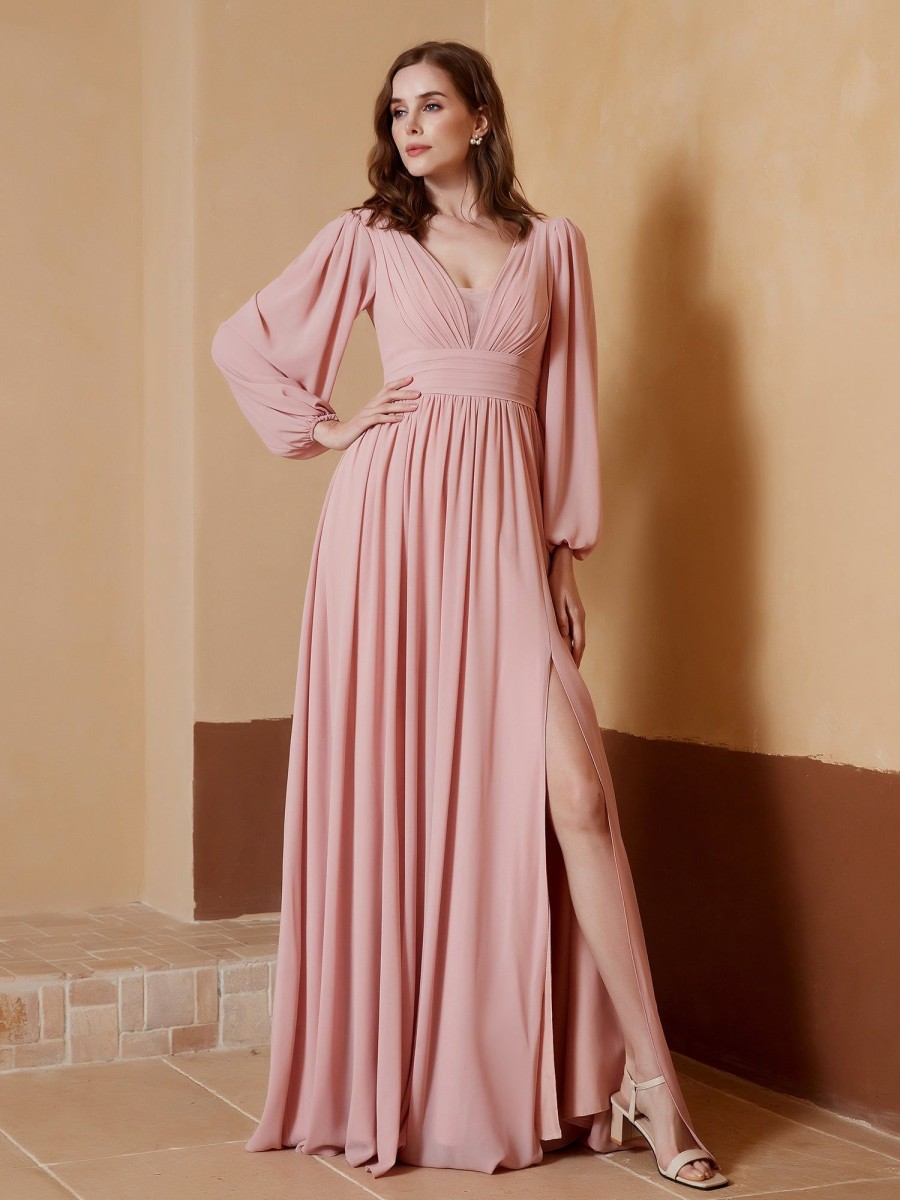 Demoiselles D'Honneur BABARONI FR | Robe De A-Ligne Plissee En Mousseline Avec Manches Longues Rose Poudre