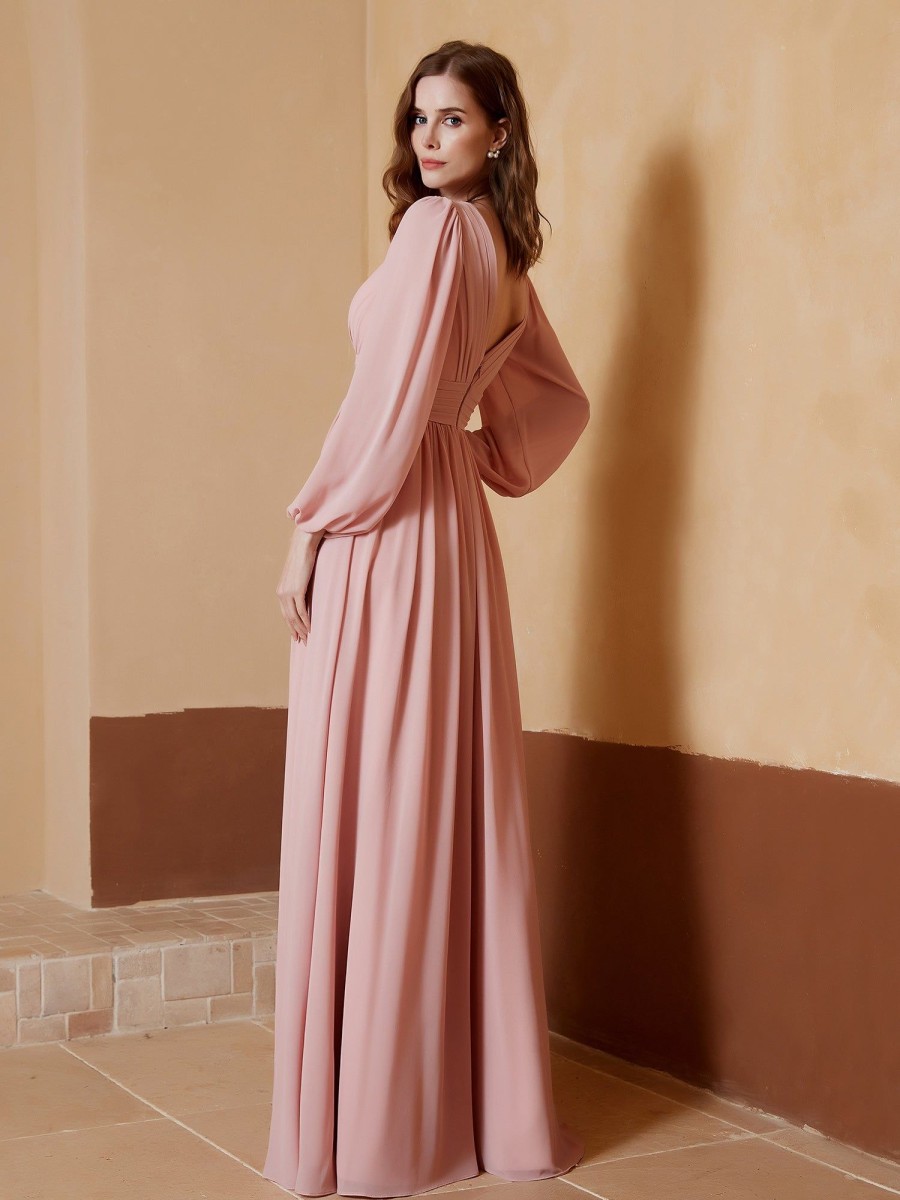 Demoiselles D'Honneur BABARONI FR | Robe De A-Ligne Plissee En Mousseline Avec Manches Longues Rose Poudre