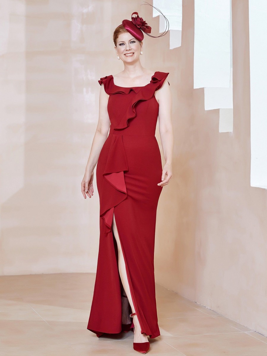 Mere BABARONI FR | Robe Fourreau En Crepe Stretch Avec Fente Rouge