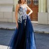 Robes De Soiree BABARONI FR | Maxi Robe Appliquee En Dentelle A Col En Coeur Bleu Marine