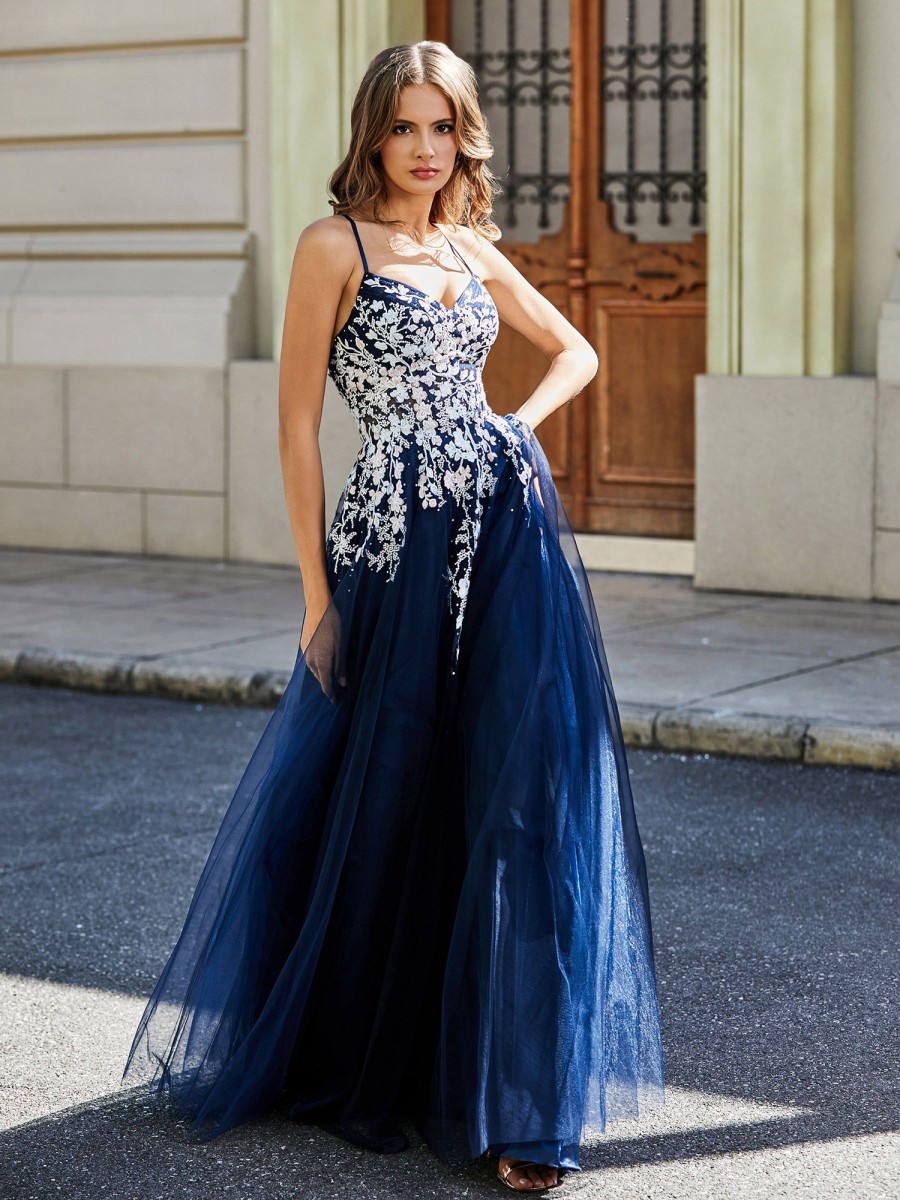 Robes De Soiree BABARONI FR | Maxi Robe Appliquee En Dentelle A Col En Coeur Bleu Marine