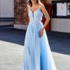 Robes De Soiree BABARONI | Robe De Soiree En Tulle Appliquee Florale A Col En V Bleu Ciel