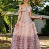 Robes De Soiree BABARONI | Robe De A-Ligne En Tulle Plissee A Une Epaule Rose Poudre