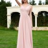 Demoiselles D'Honneur BABARONI | Robe En Mousseline Plissee A Bretelles Spaghetti Et Col En V Rose Poudre