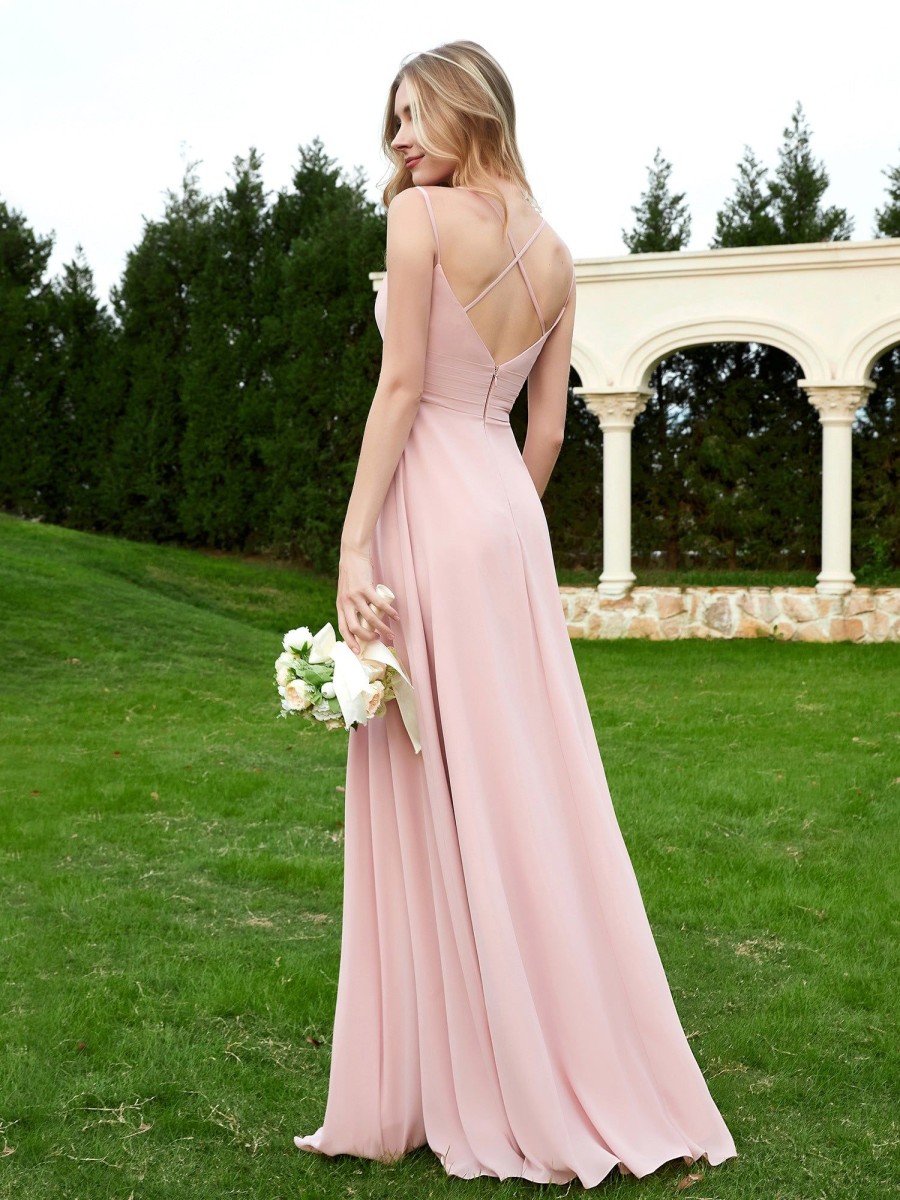 Demoiselles D'Honneur BABARONI | Robe En Mousseline Plissee A Bretelles Spaghetti Et Col En V Rose Poudre