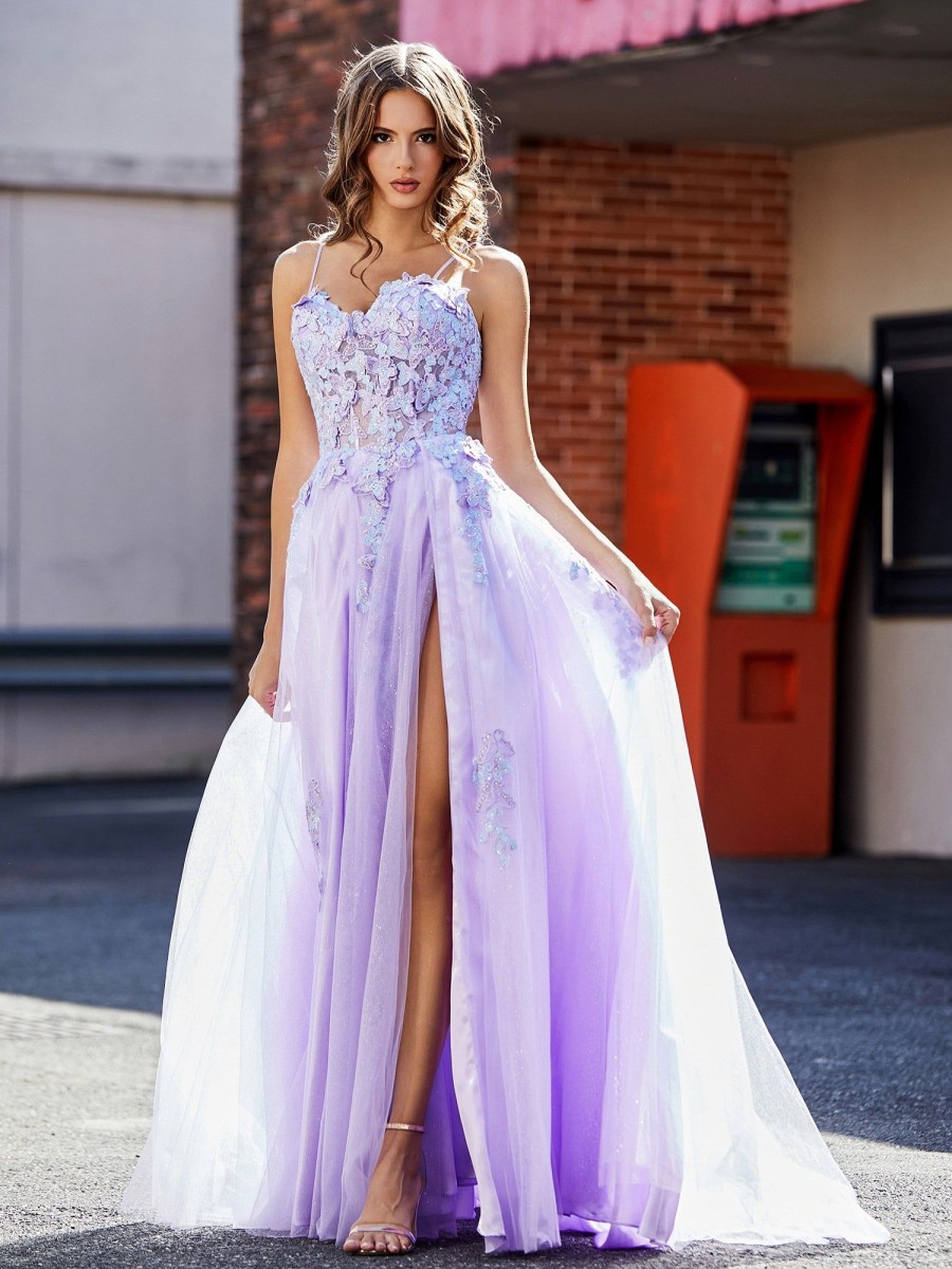 Robes De Soiree BABARONI | Robe De Soiree Applique De A-Ligne A Bretelles Spaghetti En Tulle Lilas